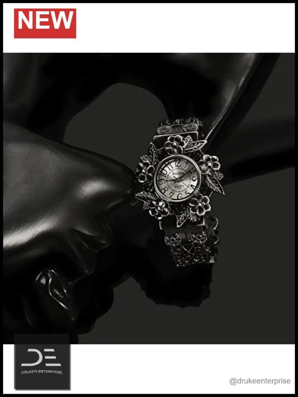 Vintage Cuff Bangle Bracelet Watch Carved Flowers Quartz Analog Wrist Watch